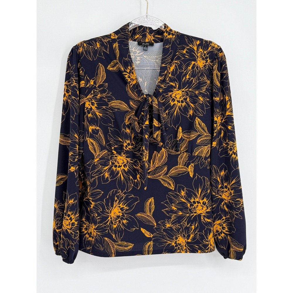 A.U.W Womens Navy Blue Yellow Floral Tie Neck Long Sleeve Blouse Top Sz‎ L